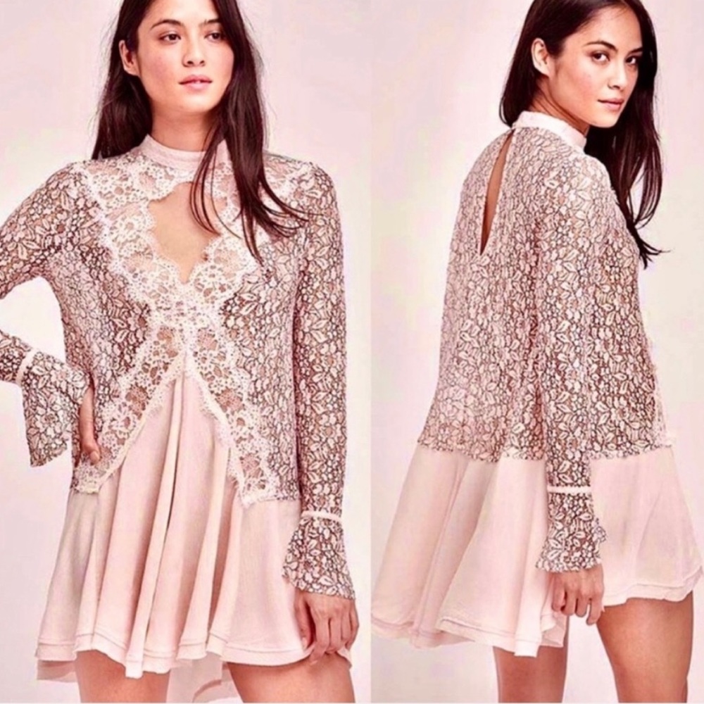 {Free People} Tell Tale Lace Tunic in Pink - Women's Large